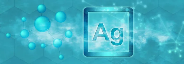 Ag symbol. Silver chemical element with molecule and network on blue background