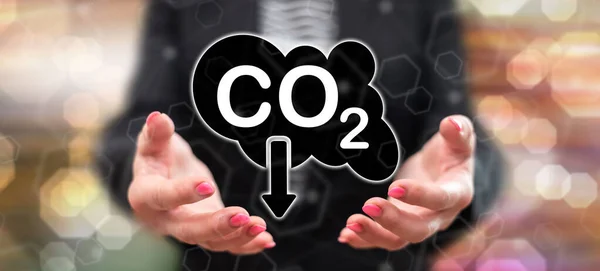 Begreppet Koldioxidminskning Ovanför Händerna Kvinna Bakgrunden — Stockfoto