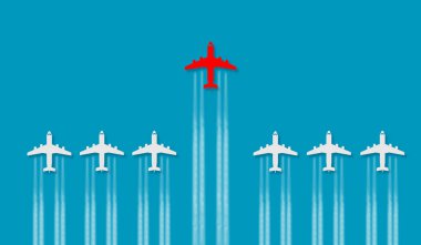 Kırmızı uçak önde uçuyor. Liderlik ve başarı kavramı