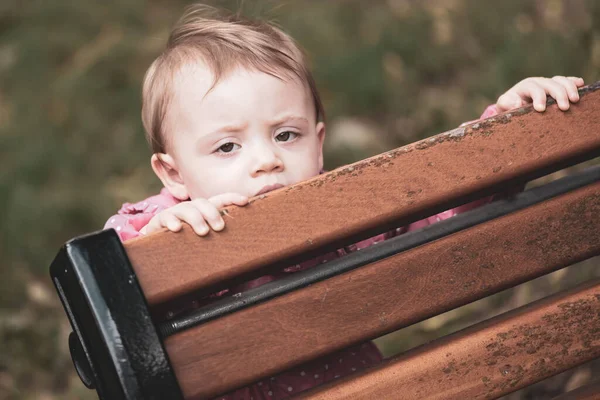 Bébé Fille Jouer Cacher Chercher Derrière Banc Extérieur — Photo