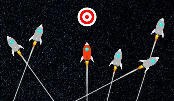 Red Rocket Heading Target While Others Fly Wrong Directions Concept — Stock Photo, Image