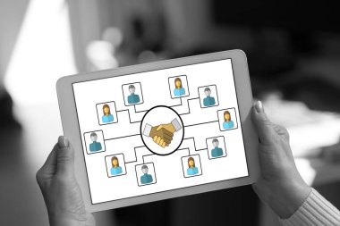 Bir kadın tarafından tutulan tablette gösterilen işbirliği konsepti