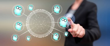 Dokunmatik ekranda parmaklarıyla yapay zeka kavramına dokunan kadın.