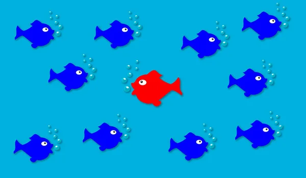 Rote Fische Schwimmen Die Entgegengesetzte Richtung Allen Anderen Fischen Konzept — Stockfoto