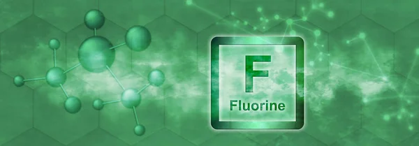 F記号 緑色の背景に分子とネットワークを持つフッ素化合物元素 — ストック写真