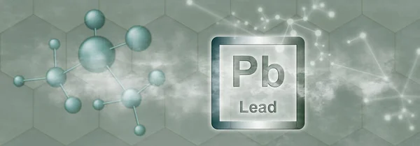 Pb symbol. Lead chemical element with molecule and network on grey background