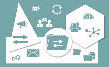 Geometrik şekiller arka planında simgelerle veri değişimi kavramı