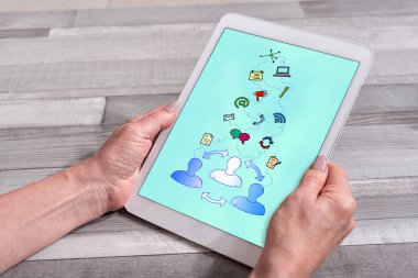 İletişim konsepti olan bir tableti tutan kadın eller.