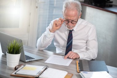 Üst düzey işadamı ofiste belgeyi kontrol ediyor