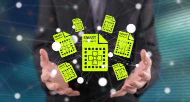 Arkaplanda bir adamın ellerinden üstün akıllı bir sözleşme konsepti