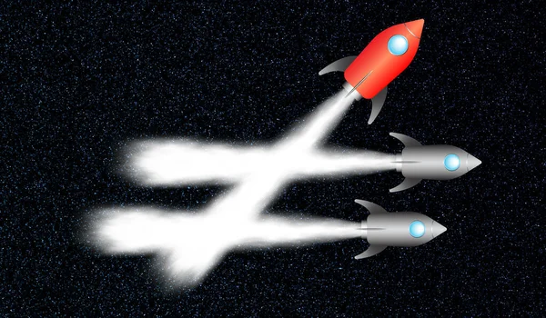 Kırmızı Roket Diğerlerinden Farklı Bir Yöne Gidiyor Farklı Düşünme Yıldızlı — Stok fotoğraf