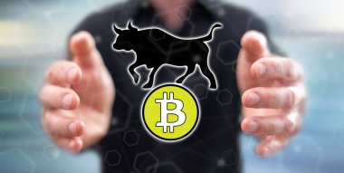 Arka planda bir adamın elleri arasındaki Bitcoin kabadayılığı eğilimi