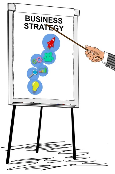 Hand Zeigt Geschäftsstrategie Konzept Auf Einem Flipchart — Stockfoto