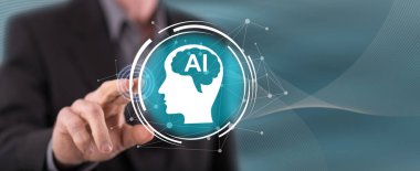 Adam dokunmatik ekranda yapay zeka kavramına parmağıyla dokunuyor.