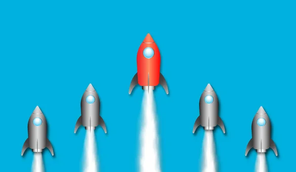 Красная Ракета Летит Впереди Концепция Лидерства Успеха — стоковое фото