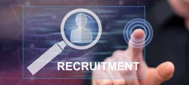 Adam dokunmatik ekranda işe alım konseptine parmağıyla dokunuyor.