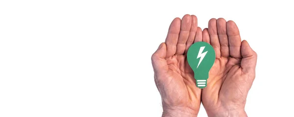 Руки Держащие Бумажную Лампочку Изолированы Белом Концепция Чистой Энергии — стоковое фото