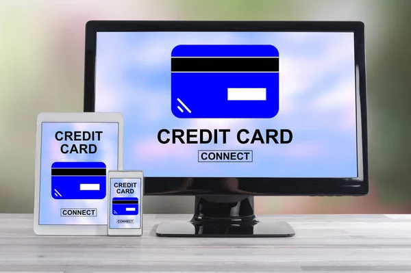 Credit card concept shown on different information technology devices