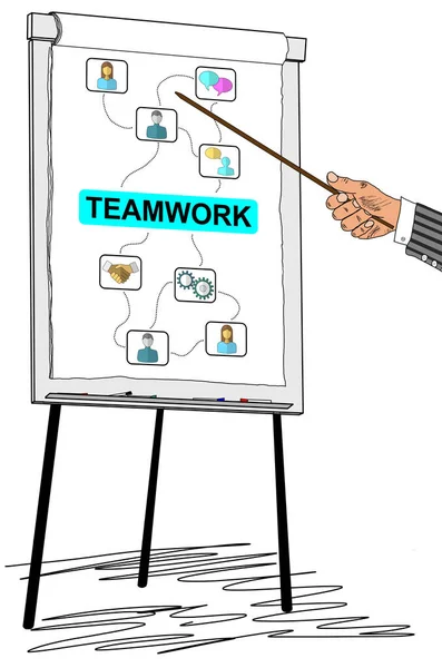 Hand Zeigt Teamwork Konzept Auf Flipchart — Stockfoto