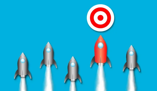 Red Rocket Heading Target Concept Goal Success Blue Background — Stock Photo, Image