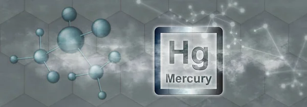 Hgのシンボル 灰色の背景に分子とネットワークを持つ水銀化学元素 — ストック写真