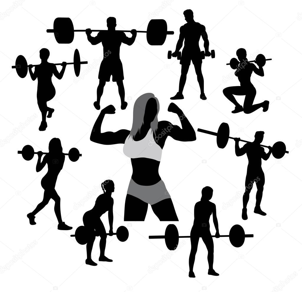 Dumbbell Exercises and Weightlifter Silhouettes, art vector design 