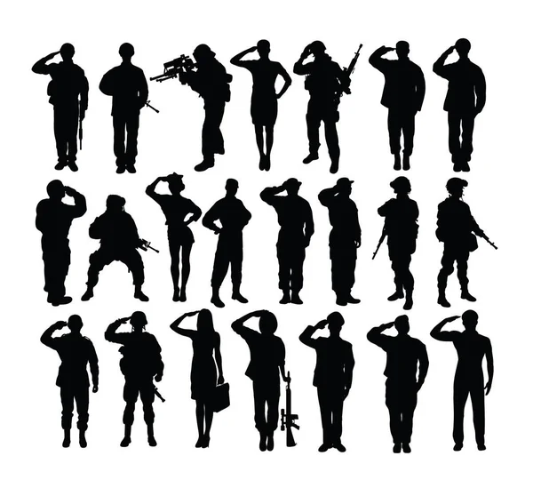 Saluant Les Silhouettes Des Soldats Des Forces Armées Design Vectoriel — Image vectorielle