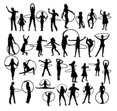 Hula Hoop siluetleriyle oynayan küçük kız, sanat vektörü tasarımı 