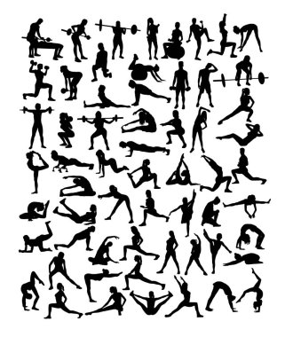 Fitness ve spor aktivitesi siluetleri, sanat vektör tasarımı 