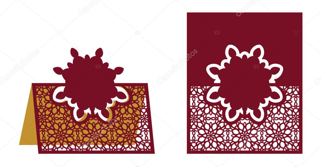 Laser cut ornamental vector template. Freestanding table Number, Name, Place, Wedding seats card, Table guests or dining table card, Escort card. Cut Out paper map for laser cutting