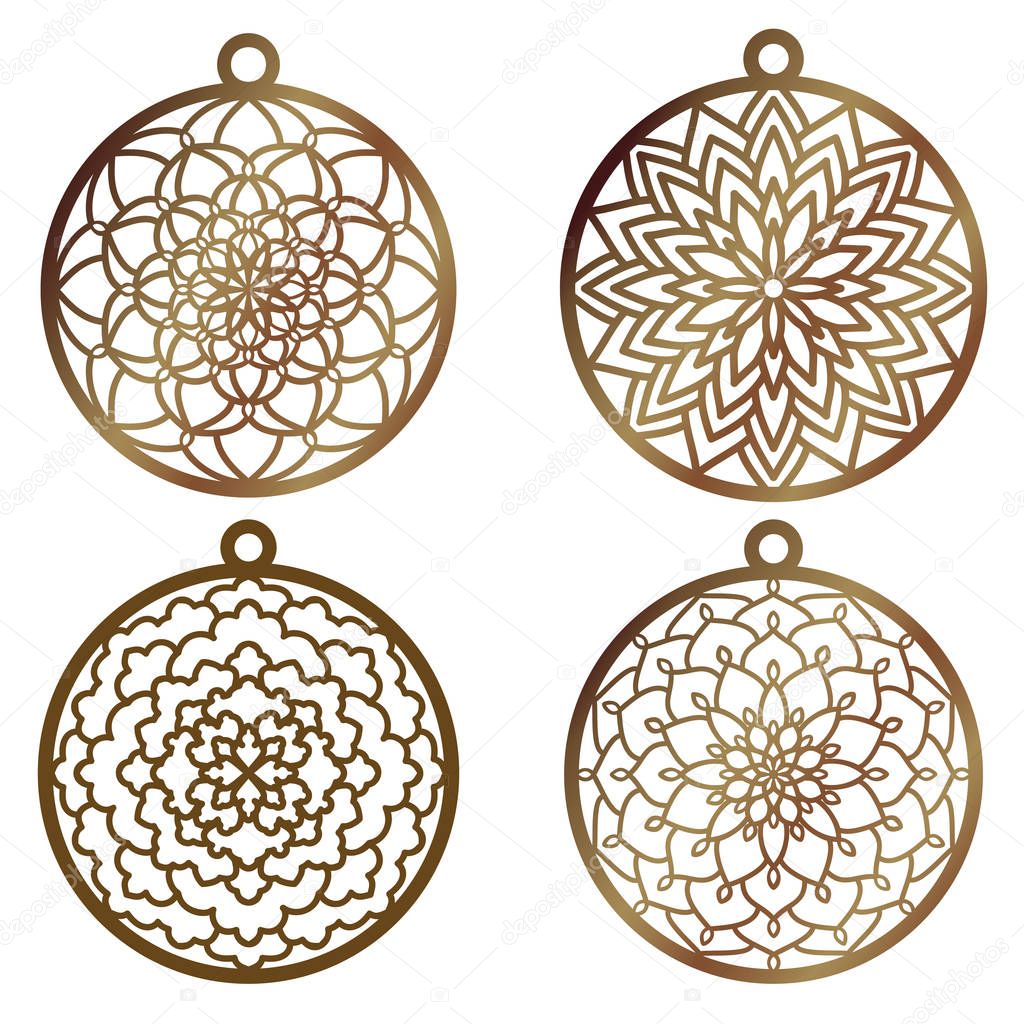 A set of laser cut openwork christmas decoration vector design. Laser cutting template for xmas tree. Merry Christmas decoration symbol for  cutting paper, wood and metal. Tree ball with lace pattern.
