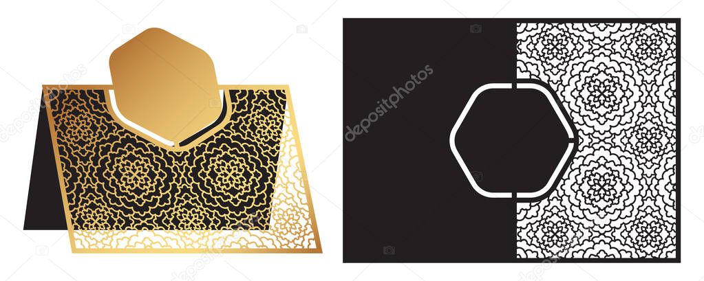 Laser cut ornamental vector template. Freestanding table Number, Name, Place, Wedding seats card, Table guests or dining table card, Escort card. Cut Out paper map for laser cutting