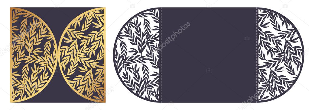 Trendy Laser cut ornamental vector template with openwork border of leaves. Luxury Greeting card, envelope, wedding invitation, decorative element. Die cut paper card with Olive Branches pattern. 