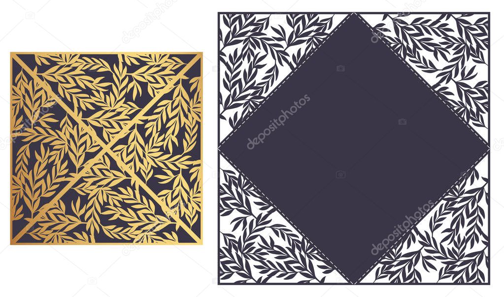 Laser cut ornamental Lace-bordered vector template. Luxury Greeting card, envelope or wedding invitation card template. Four triangular flaps that fold over the square card.  Ornamental embellishment