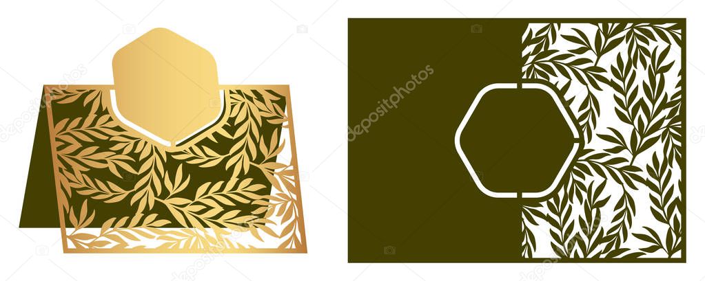 Laser cut ornamental vector template with floral pattern. Freestanding table Number, Name, Place, Wedding seats, Escort card. Die cut paper card with openwork ornament with olive leaves and branches.