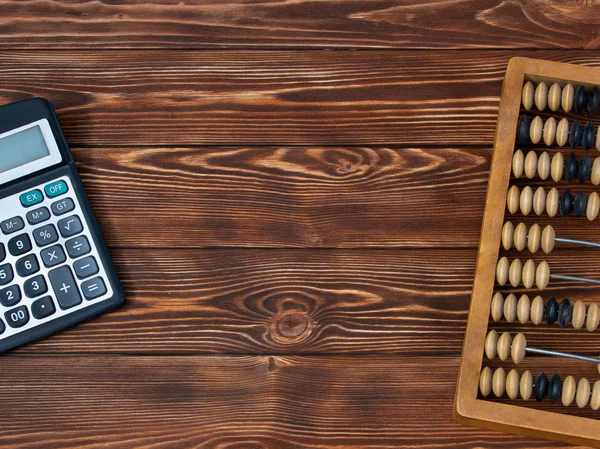 Brown Wooden Table Texture Old Abacus Calculator Free Space Inscription — Stock Photo, Image