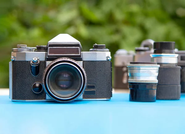 Old Camera Old Lenses Close Blue Green Background — Stock Photo, Image