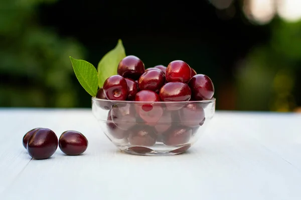 Fruits. A cup of dark red sweet cherries on a garden background.