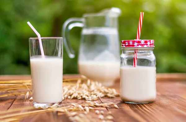 Oat milk in a glass in a summer garden on a background of a jug of oat milk and oat ears on a brown wooden table.Selective focus.
