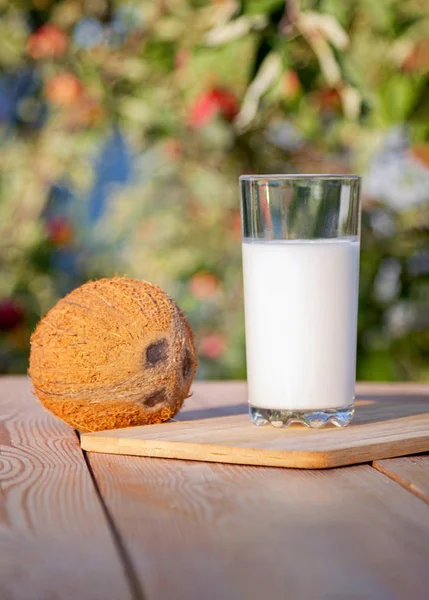 Kokosmilch Auf Einem Holztisch Vor Dem Garten — Stockfoto