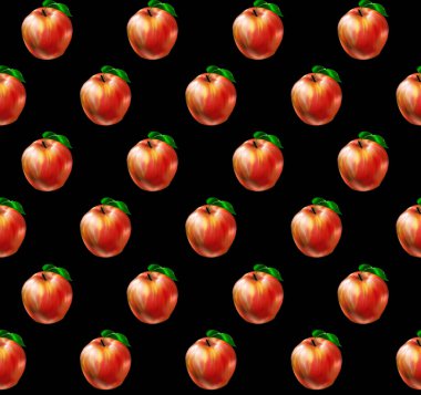 Siyah arkaplanda elmalar olan kusursuz bir desen. Kırmızı elma deseni