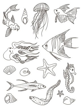 Balık seti. Boyama sayfası. Su altı dünyası 