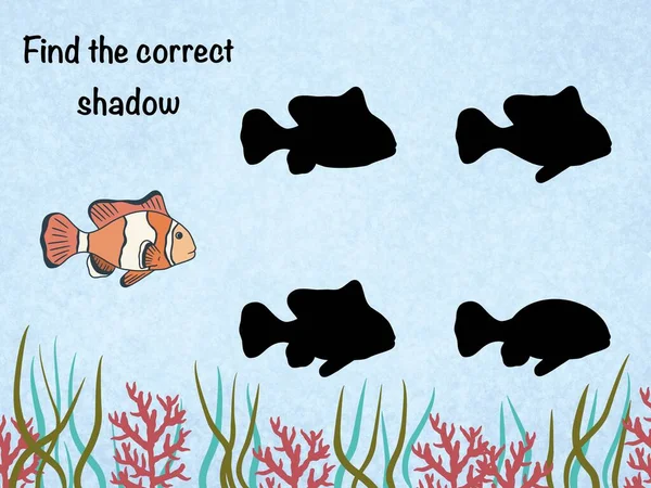 Encontre Sombra Correta Jogo Lógico Mundo Subaquático Peixe Caranguejo — Fotografia de Stock