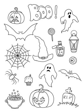 Cadılar Bayramı seti. Boyama sayfası. Hayalet. Balkabağım.. 