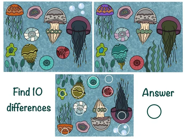 Find the differences. Logical game. Underwater world. Jellyfish
