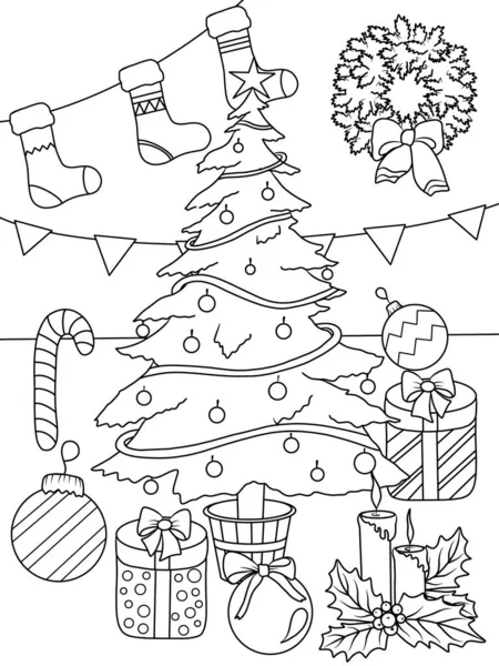 Coloring Page Christmas Tree Gifts — Stock Photo, Image