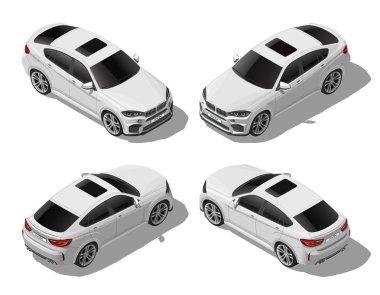 İzometrik beyaz off-road araç koymak farklı taraf, modern araç, lux ya da izole spor kavramı, kentsel ulaşım, beyaz arka plan üzerinde