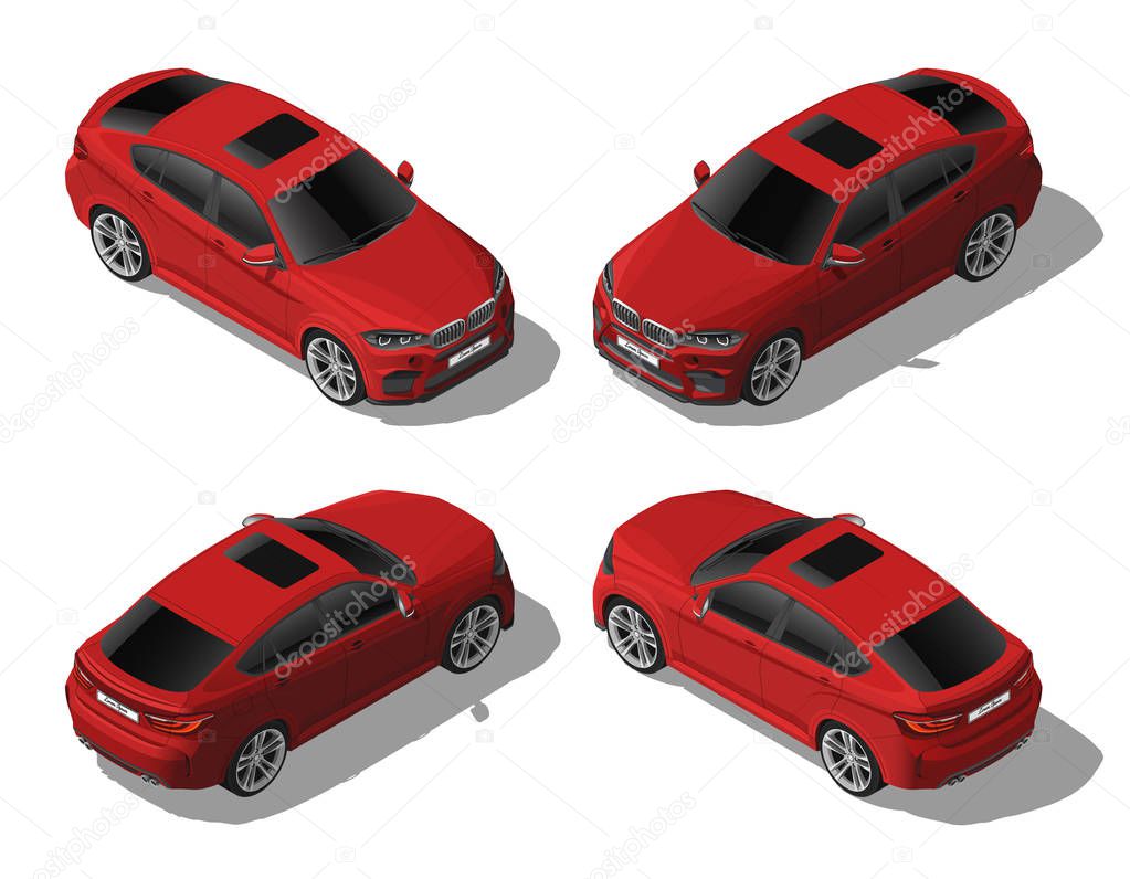 Isometric red off-road car set from different sides, modern vehicle, lux or sport concept, urban transport, isolated on white background
