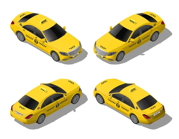 Isométrico Plana Taxi Amarillo Conjunto Coches Servicio Transporte Urbano Negocios Ilustraciones de stock libres de derechos