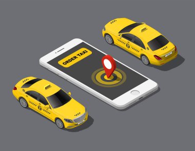 İzometrik online sipariş Mobil Şehir taksi hizmeti uygulama kavramı, sarı taksi, coğrafi konumunu smartphone. 3D düz vektör çizim
